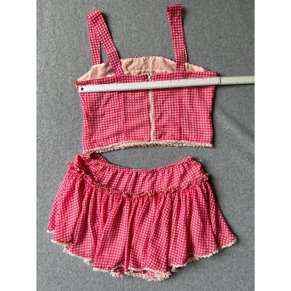 Megan Moroney Pink Gingham 2 Piece Set Crop Top Ruffle Shorts Lace Trim XL L - Picture 5 of 9